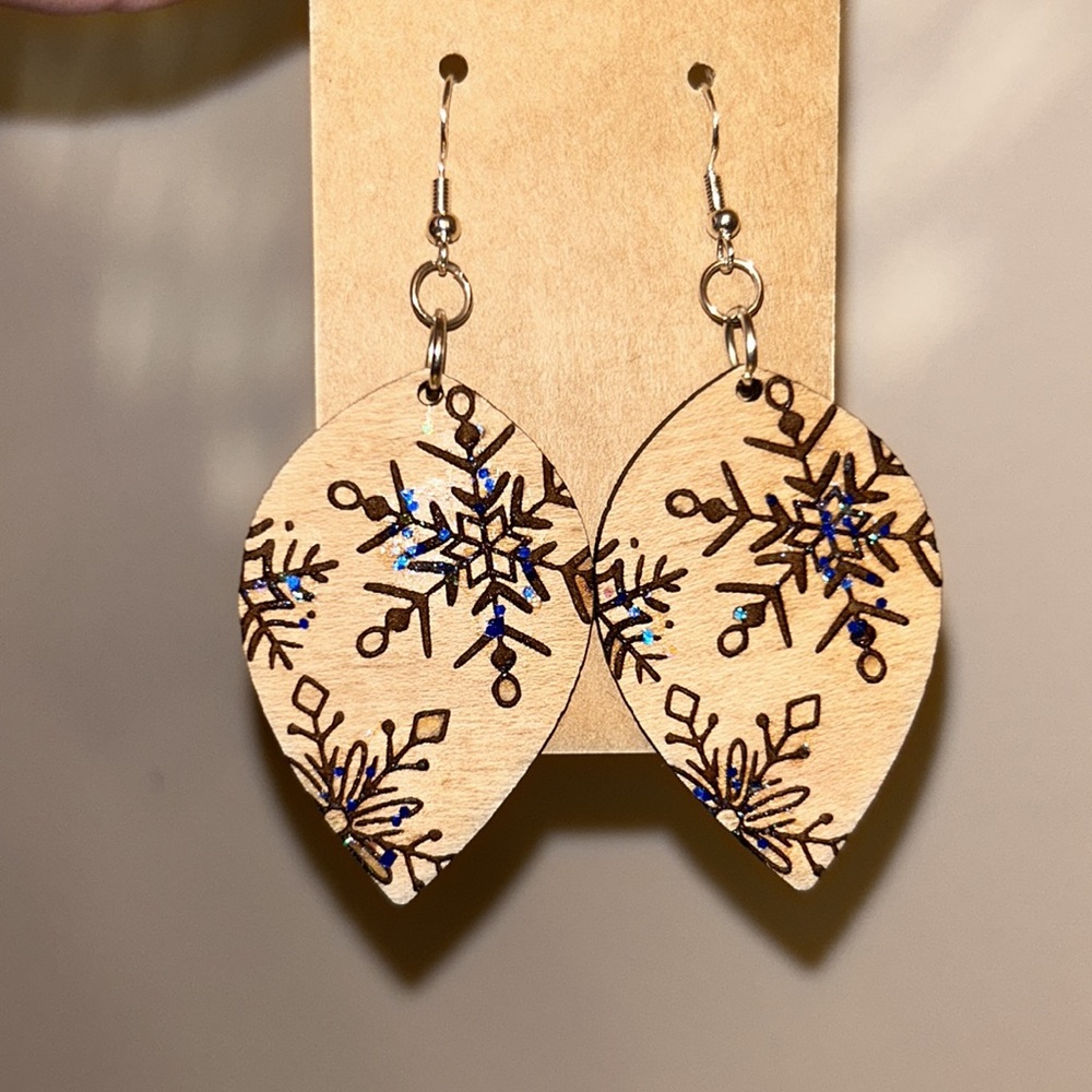 Engraved Wooden Snowflake Earrings Blue Sparkle Winter Artisan Dangle Statement - Picture 8 of 10